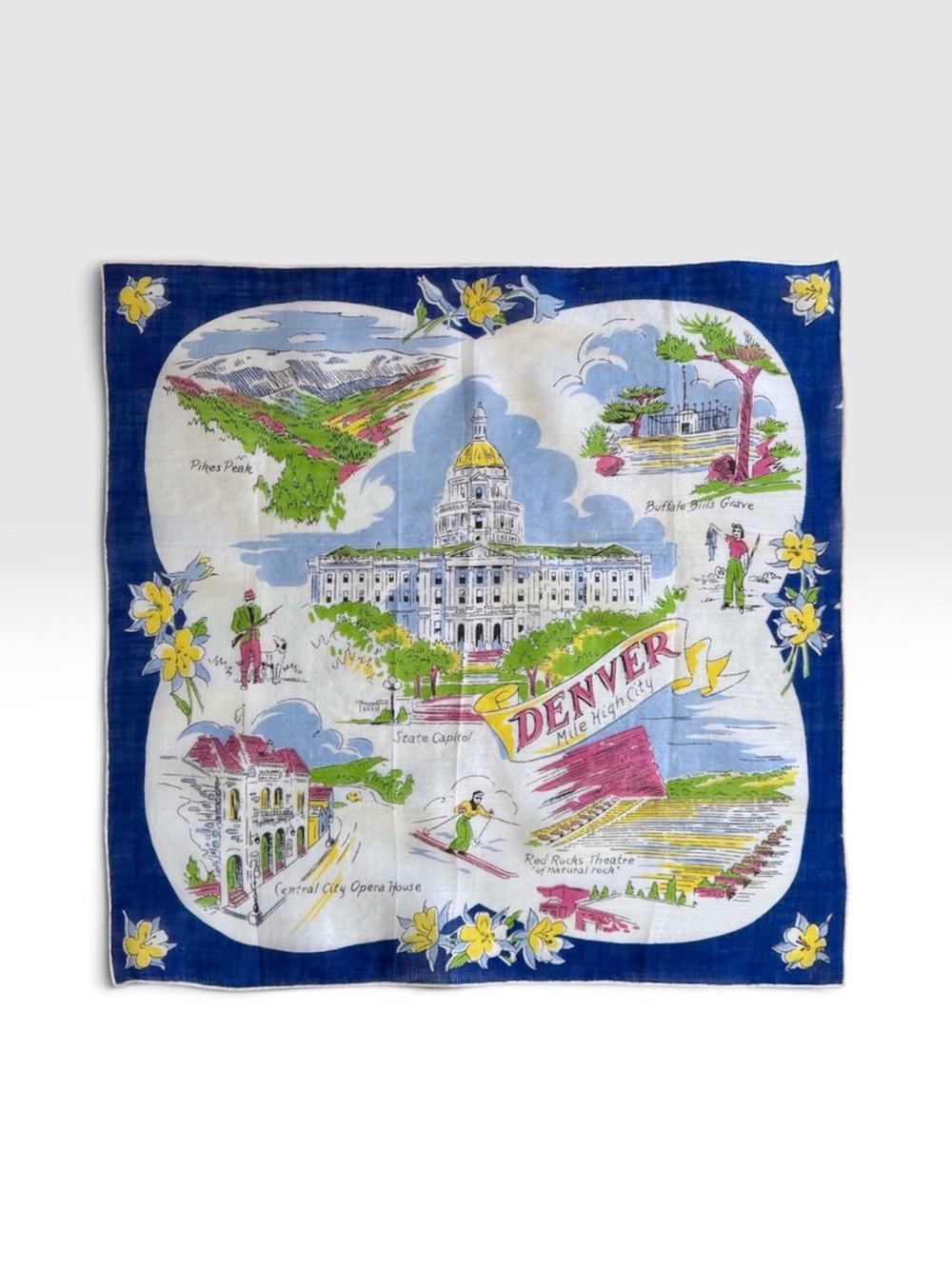 Vintage 1950s Denver Colorado Souvenir Handkerchief, Map Illustration Hanky